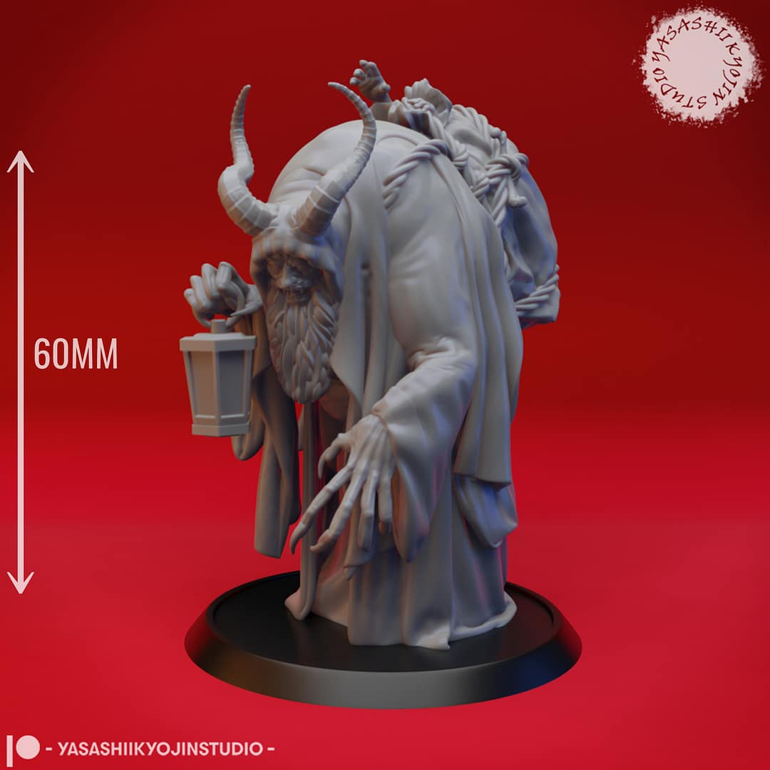 “Krampus resin miniature by Yasashii Kyojin Studio, depicting a horned winter creature holding a lantern with a bundled figure on its back against a red background.”
