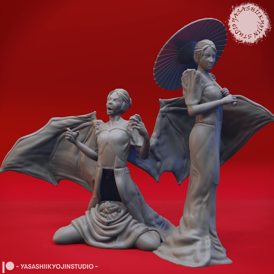 Manananggal Horror of the Isles “Resin miniature of a Manananggal in dual forms — one standing with wings unfurled and parasol, the other kneeling mid-transformation — sculpted by Yasashiikyojin Studio against a red background.”