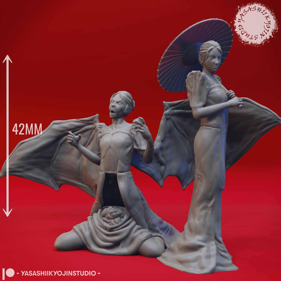 “Resin miniature of a Manananggal in dual forms — one standing with wings unfurled and parasol, the other kneeling mid-transformation — sculpted by Yasashiikyojin Studio against a red background.”