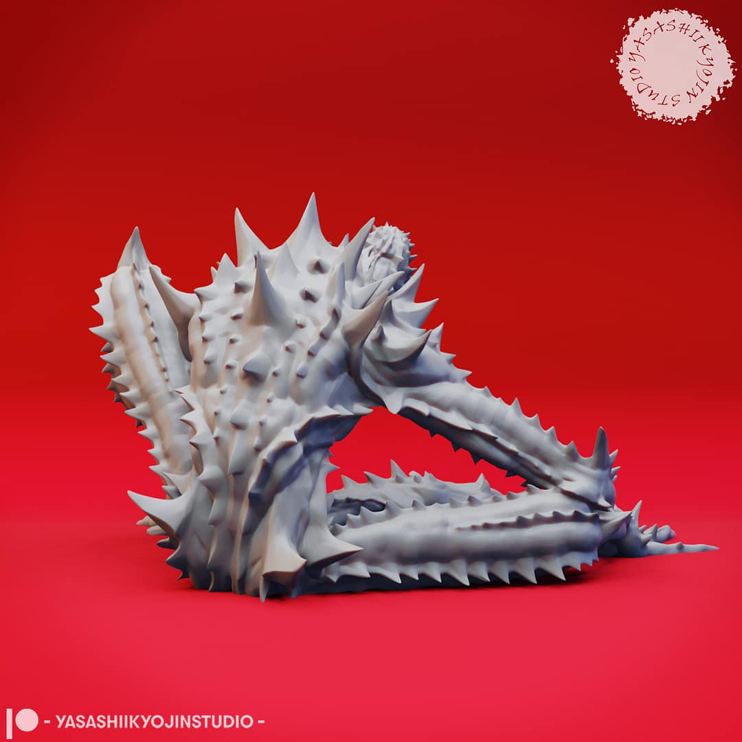 “Sinister Needle Blight Resin Miniature set with four poses sculpted by Yasashii Kyojin Studio.”