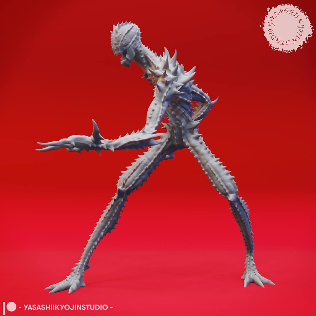 “Sinister Needle Blight Resin Miniature set with four poses sculpted by Yasashii Kyojin Studio.”