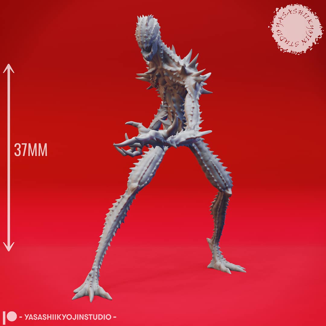 “Sinister Needle Blight Resin Miniature set with four poses sculpted by Yasashii Kyojin Studio.”