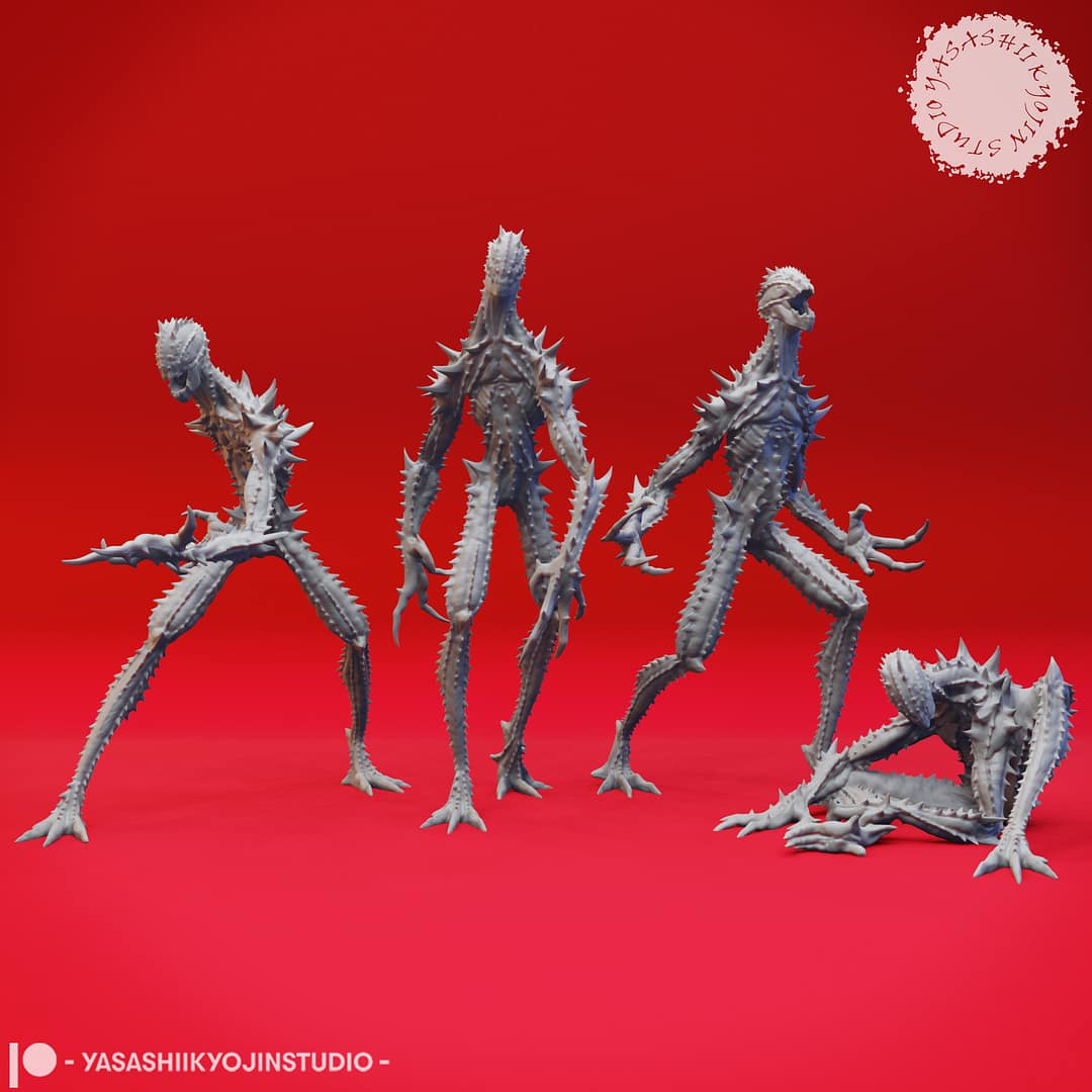 “Sinister Needle Blight Resin Miniature set with four poses sculpted by Yasashii Kyojin Studio.”