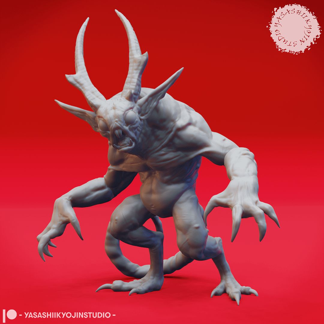 “Quasit Fiendling of the Abyss resin miniature in three dynamic poses — Awaiting, Attacking, and Crouching — sculpted by Yasashiikyojin Studio against a red background.”