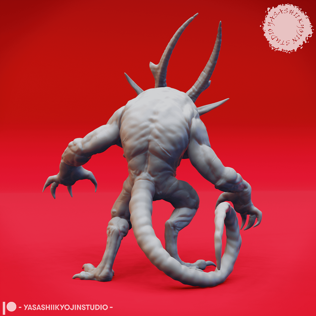“Quasit Fiendling of the Abyss resin miniature in three dynamic poses — Awaiting, Attacking, and Crouching — sculpted by Yasashiikyojin Studio against a red background.”