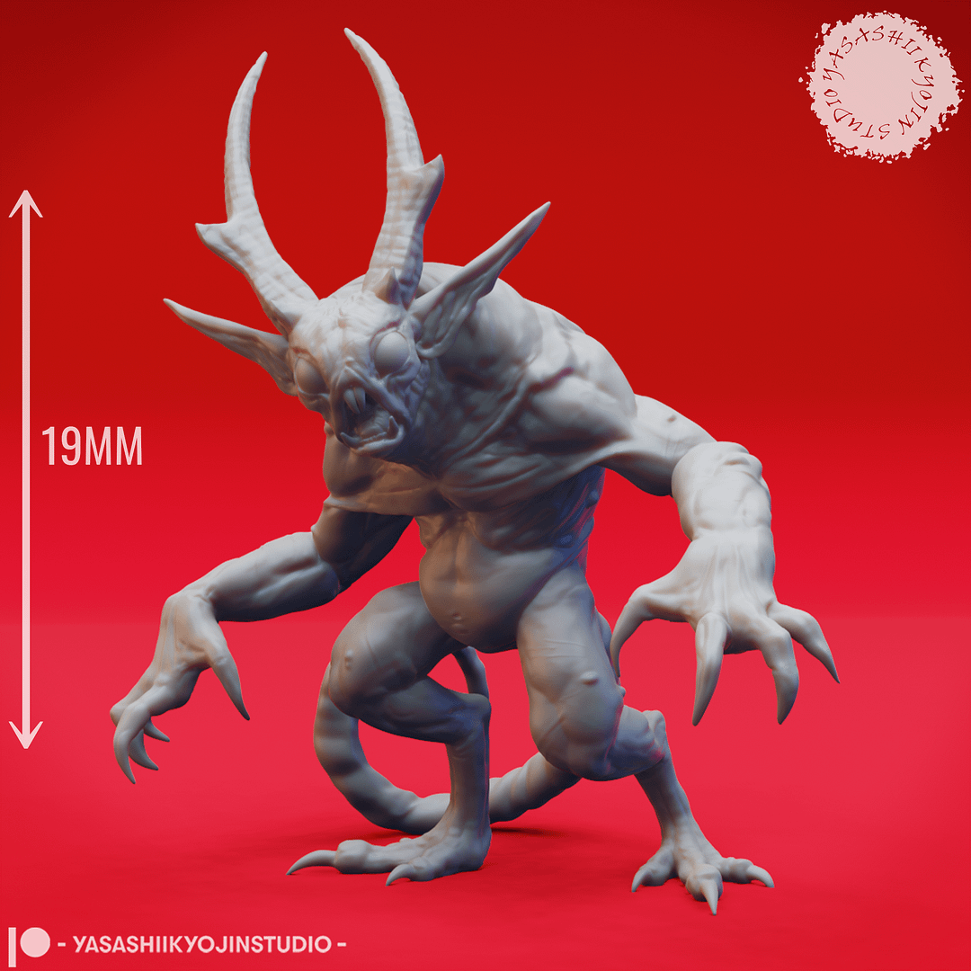 “Quasit Fiendling of the Abyss resin miniature in three dynamic poses — Awaiting, Attacking, and Crouching — sculpted by Yasashiikyojin Studio against a red background.”