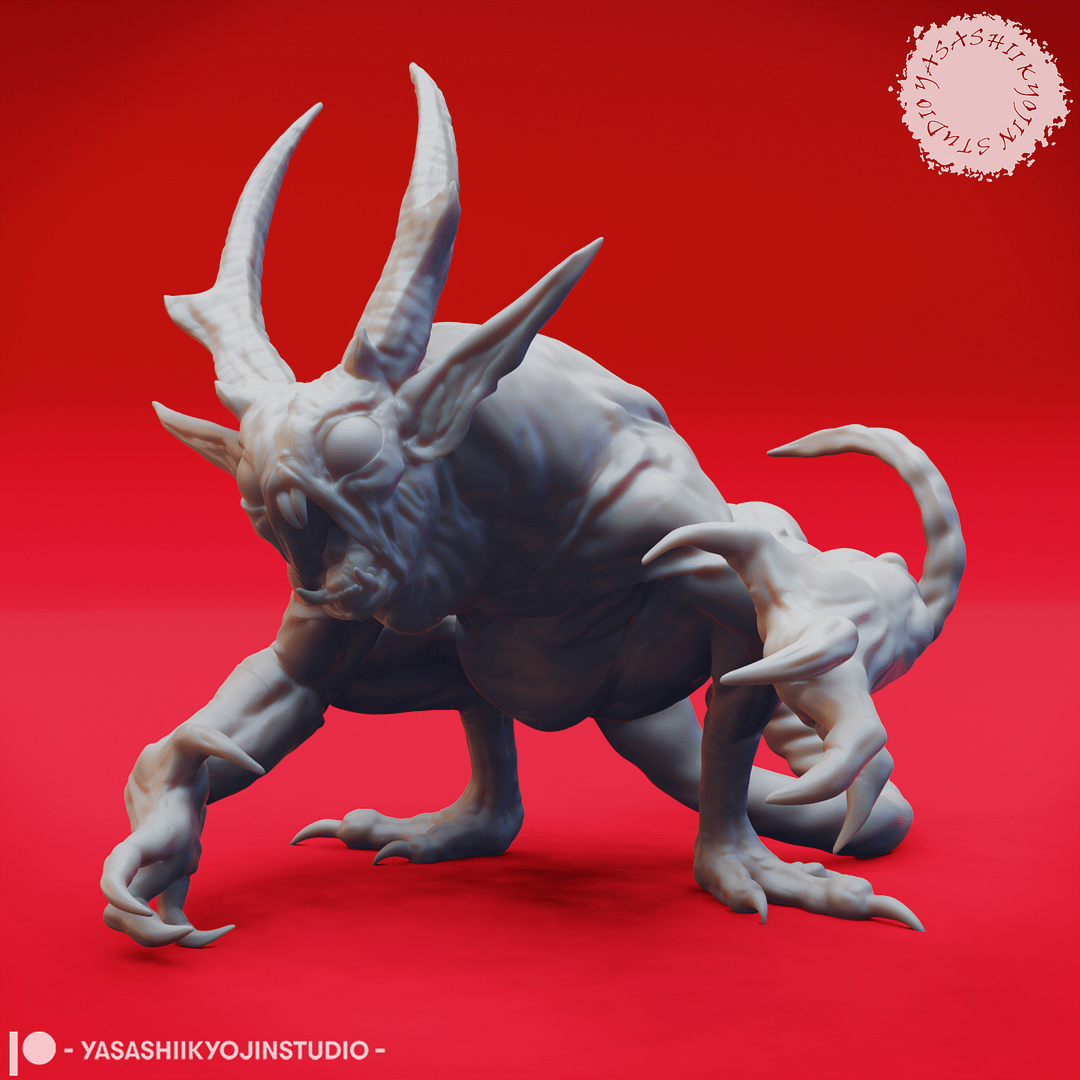 “Quasit Fiendling of the Abyss resin miniature in three dynamic poses — Awaiting, Attacking, and Crouching — sculpted by Yasashiikyojin Studio against a red background.”