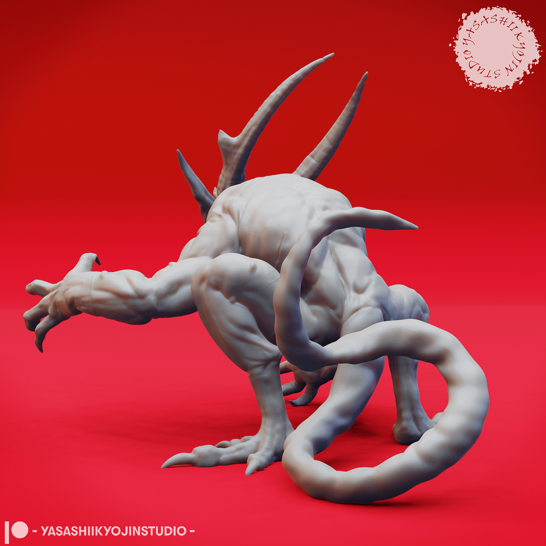 “Quasit Fiendling of the Abyss resin miniature in three dynamic poses — Awaiting, Attacking, and Crouching — sculpted by Yasashiikyojin Studio against a red background.”