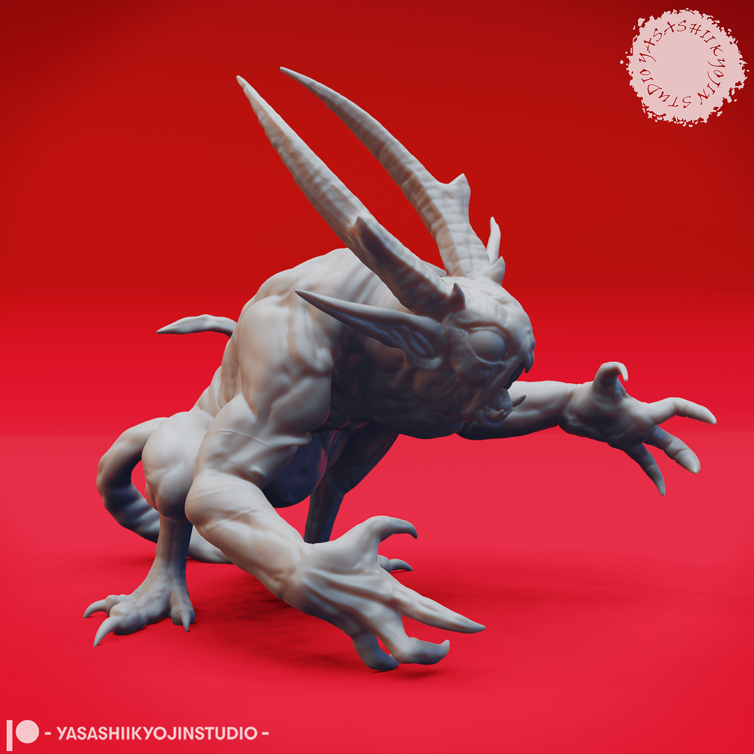 “Quasit Fiendling of the Abyss resin miniature in three dynamic poses — Awaiting, Attacking, and Crouching — sculpted by Yasashiikyojin Studio against a red background.”