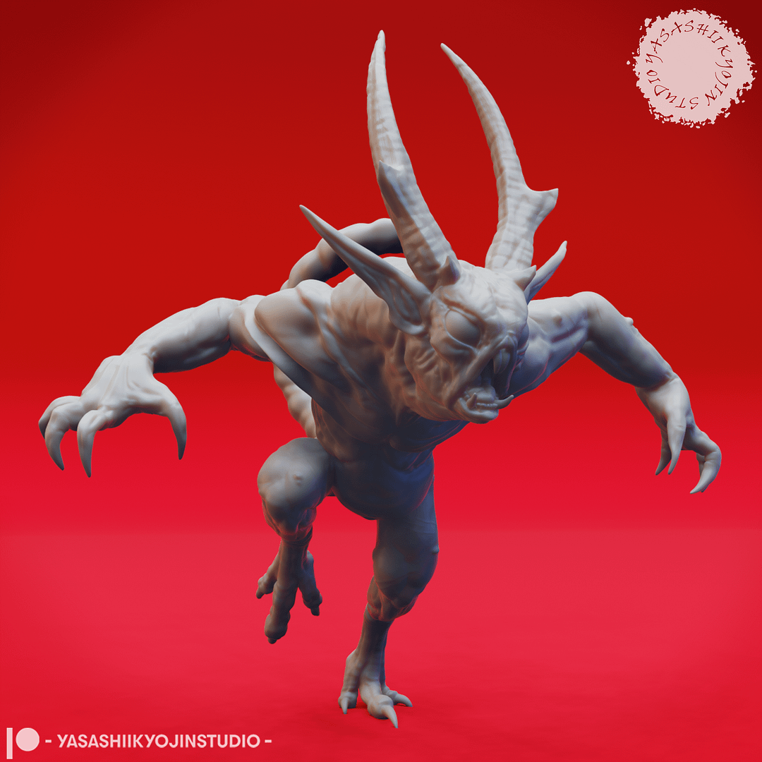 “Quasit Fiendling of the Abyss resin miniature in three dynamic poses — Awaiting, Attacking, and Crouching — sculpted by Yasashiikyojin Studio against a red background.”