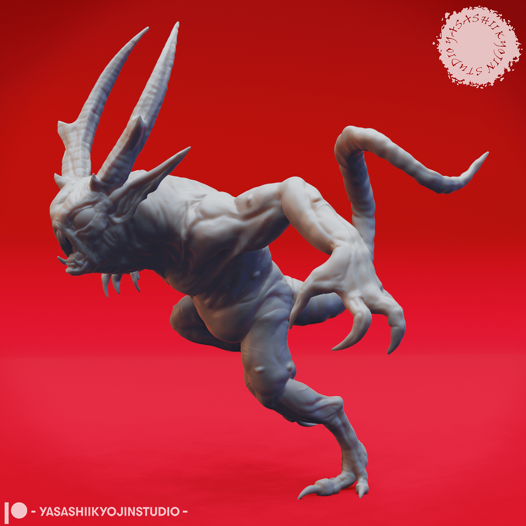 “Quasit Fiendling of the Abyss resin miniature in three dynamic poses — Awaiting, Attacking, and Crouching — sculpted by Yasashiikyojin Studio against a red background.”