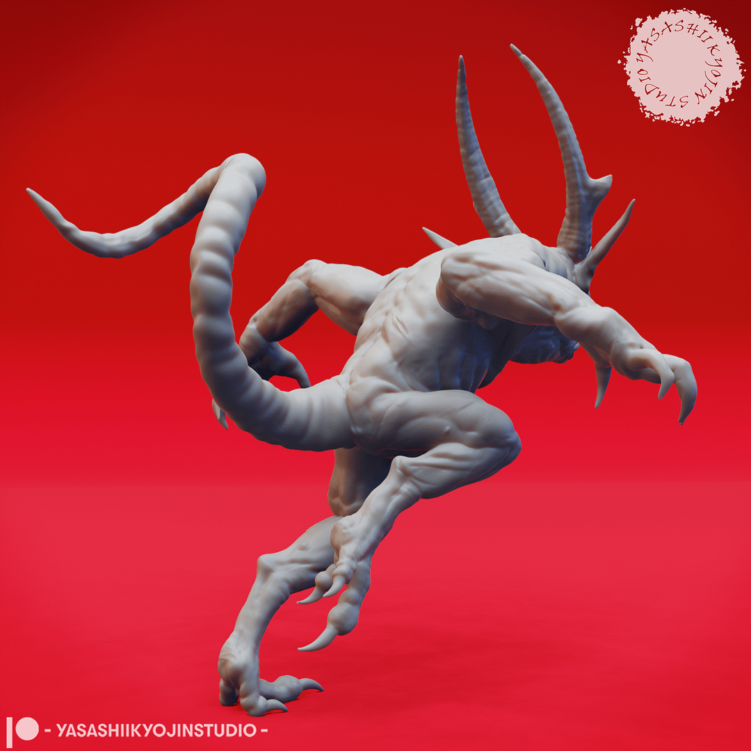 “Quasit Fiendling of the Abyss resin miniature in three dynamic poses — Awaiting, Attacking, and Crouching — sculpted by Yasashiikyojin Studio against a red background.”