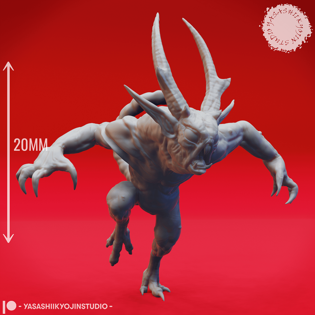 “Quasit Fiendling of the Abyss resin miniature in three dynamic poses — Awaiting, Attacking, and Crouching — sculpted by Yasashiikyojin Studio against a red background.”