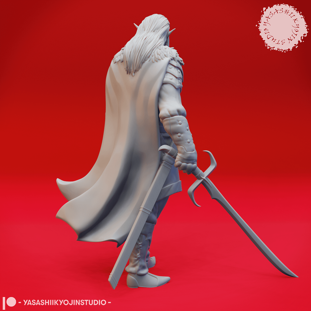 “Epic Rahadin Resin Miniature 32mm 54mm — elven warrior holding a curved sword with flowing cloak by Yasashii kyojin Studio.”