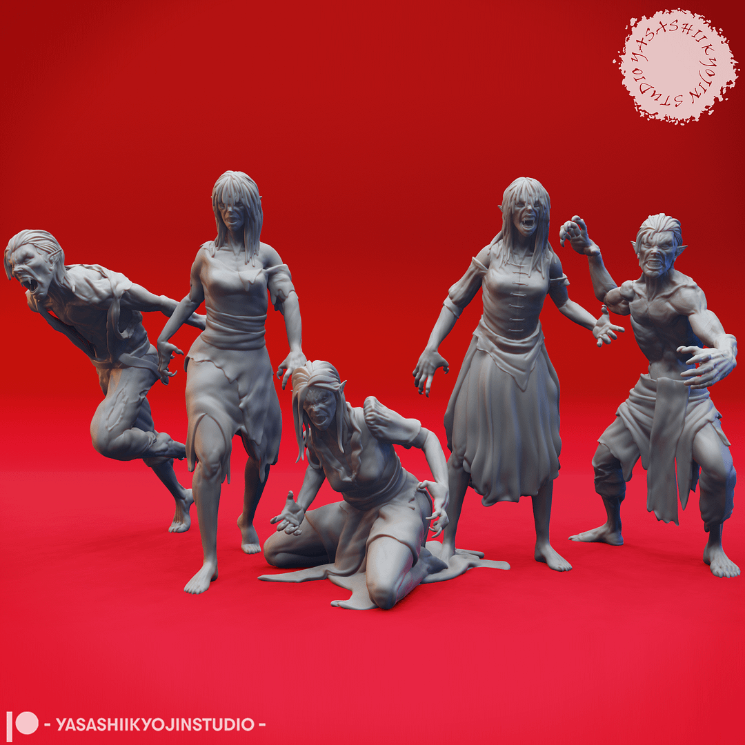 “Five Epic Vampire Spawn resin miniatures in dynamic poses — Sprinting, Swiping, Slouched, Alert, and Stalking — sculpted by Yasashii kyojin Studio on a red background.”