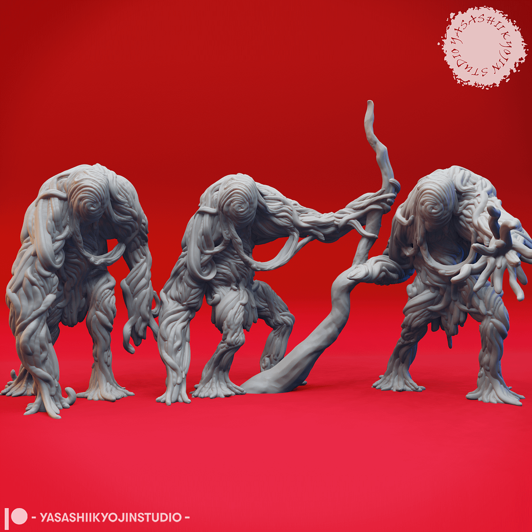 “Sinister Vine Blight Resin Miniature set with Watcher, Attacker, and Lumbering poses sculpted by Yasashii Kyojin Studio.”