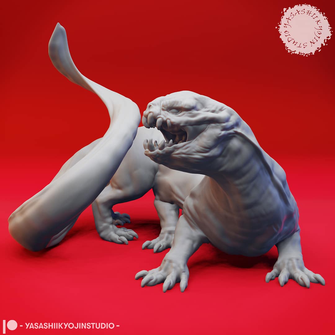 Resin Frost Salamander miniature posed low to the ground with a long curling tail and snarling icy jaws, sculpted by Yasashii Kyojin Studio and displayed against a red background