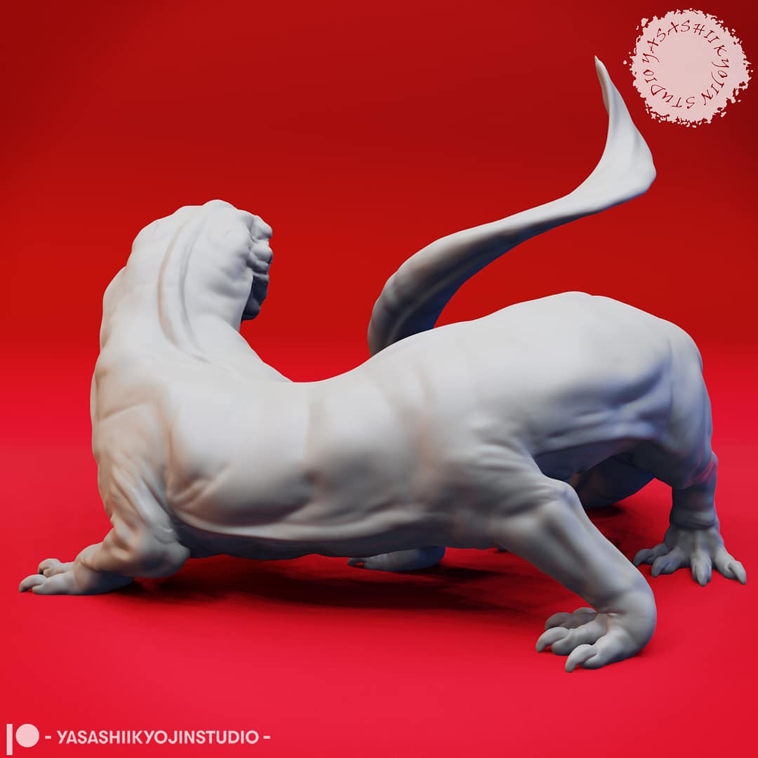 Resin Frost Salamander miniature posed low to the ground with a long curling tail and snarling icy jaws, sculpted by Yasashii Kyojin Studio and displayed against a red background