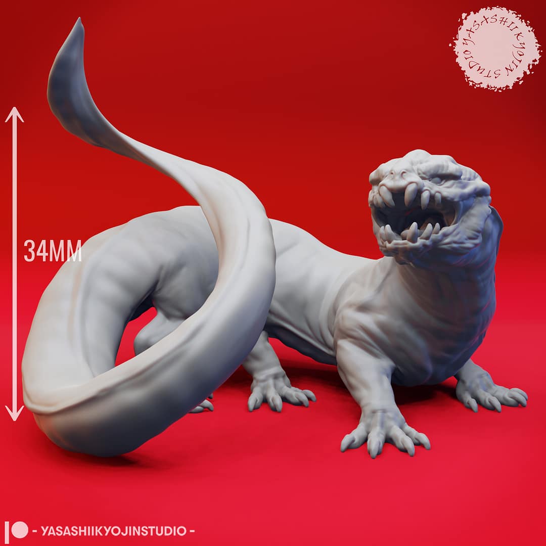 Resin Frost Salamander miniature posed low to the ground with a long curling tail and snarling icy jaws, sculpted by Yasashii Kyojin Studio and displayed against a red background