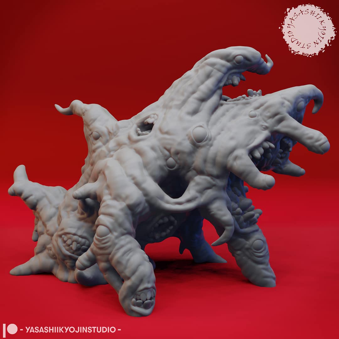 Resin Gibbering Mouther miniature featuring a twisted mass of mouths, eyes, tendrils, and distorted flesh, sculpted by Yasashii Kyojin Studio and displayed against a red background