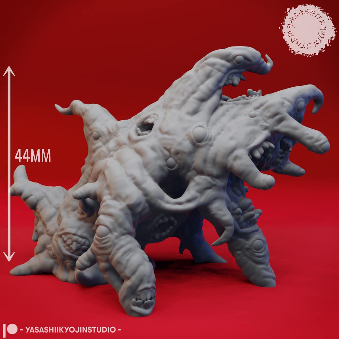 Resin Gibbering Mouther miniature featuring a twisted mass of mouths, eyes, tendrils, and distorted flesh, sculpted by Yasashii Kyojin Studio and displayed against a red background