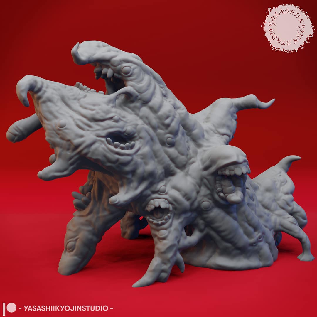 Resin Gibbering Mouther miniature featuring a twisted mass of mouths, eyes, tendrils, and distorted flesh, sculpted by Yasashii Kyojin Studio and displayed against a red background