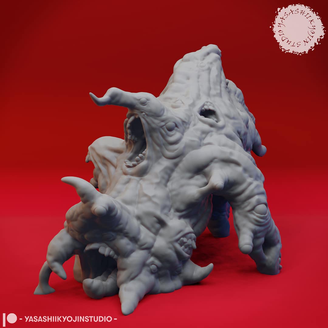 Resin Gibbering Mouther miniature featuring a twisted mass of mouths, eyes, tendrils, and distorted flesh, sculpted by Yasashii Kyojin Studio and displayed against a red background