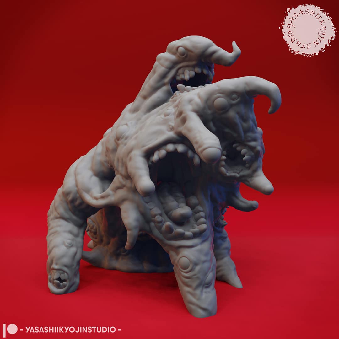 Resin Gibbering Mouther miniature featuring a twisted mass of mouths, eyes, tendrils, and distorted flesh, sculpted by Yasashii Kyojin Studio and displayed against a red background