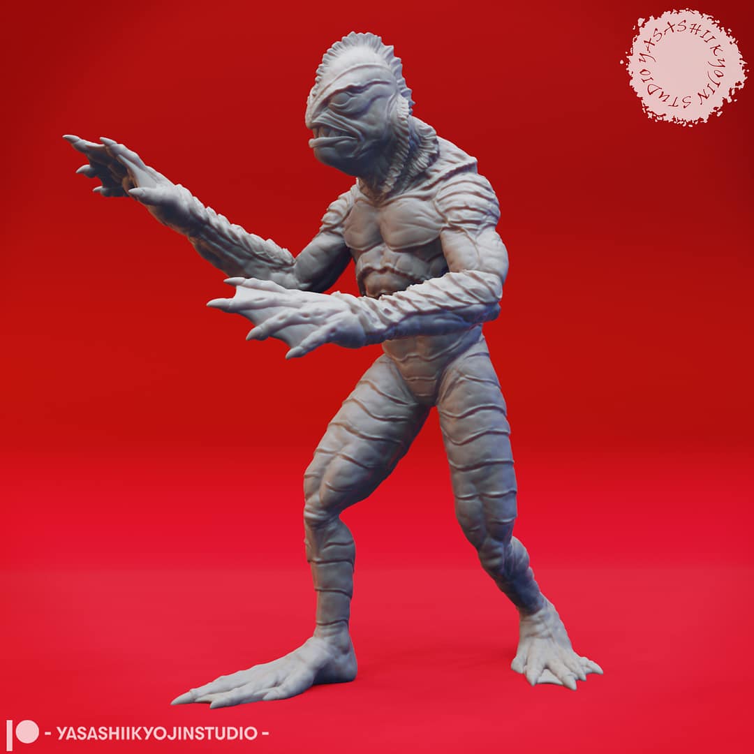 Resin Gill-man miniatures featuring a full-standing amphibious humanoid and a second emerging from the ground or water, sculpted by Yasashii Kyojin Studio and displayed against a red background