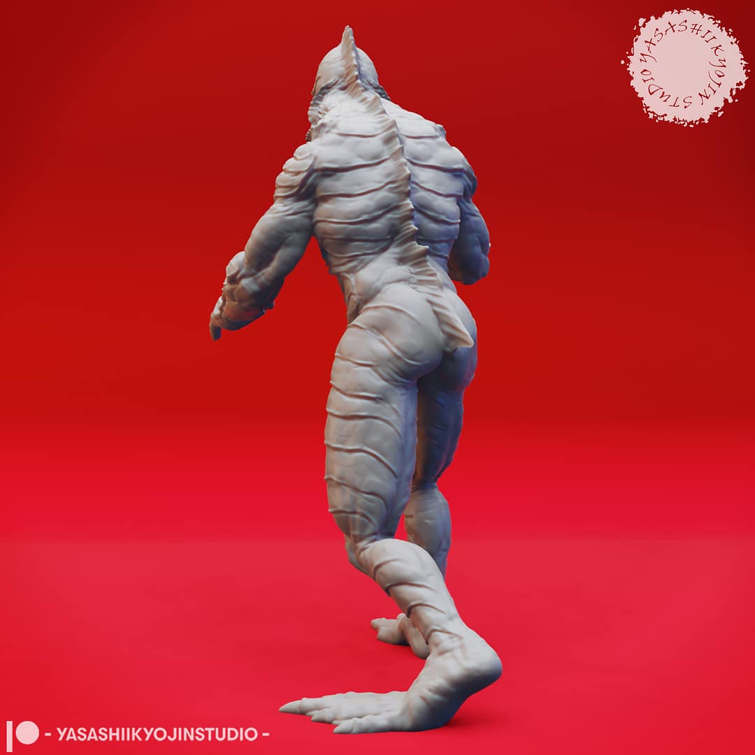 Resin Gill-man miniatures featuring a full-standing amphibious humanoid and a second emerging from the ground or water, sculpted by Yasashii Kyojin Studio and displayed against a red background