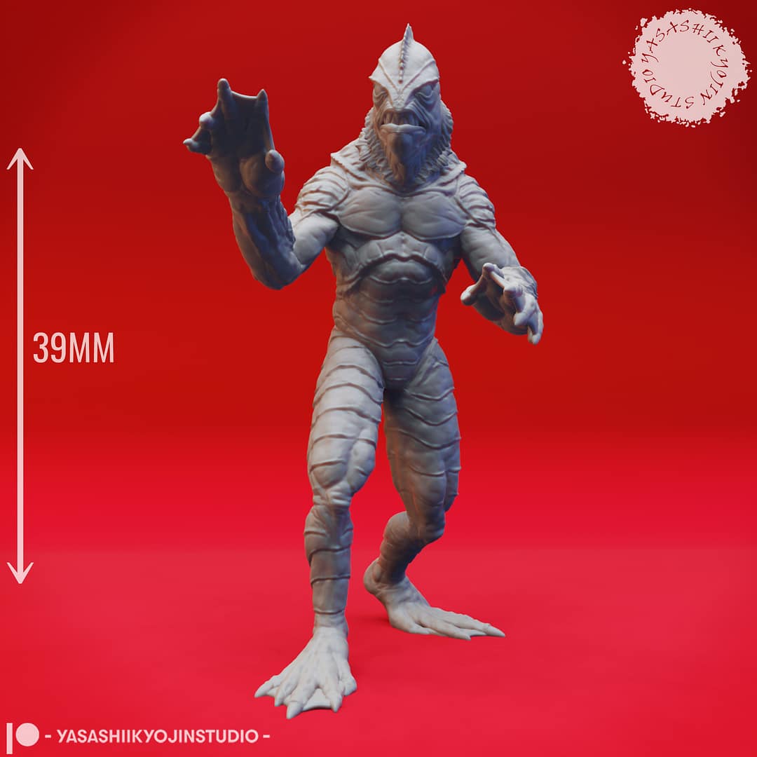 Resin Gill-man miniatures featuring a full-standing amphibious humanoid and a second emerging from the ground or water, sculpted by Yasashii Kyojin Studio and displayed against a red background