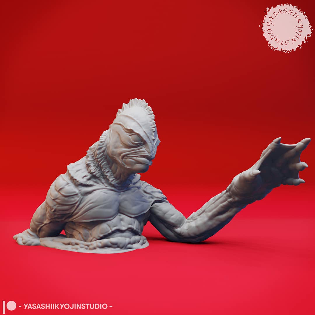Resin Gill-man miniatures featuring a full-standing amphibious humanoid and a second emerging from the ground or water, sculpted by Yasashii Kyojin Studio and displayed against a red background