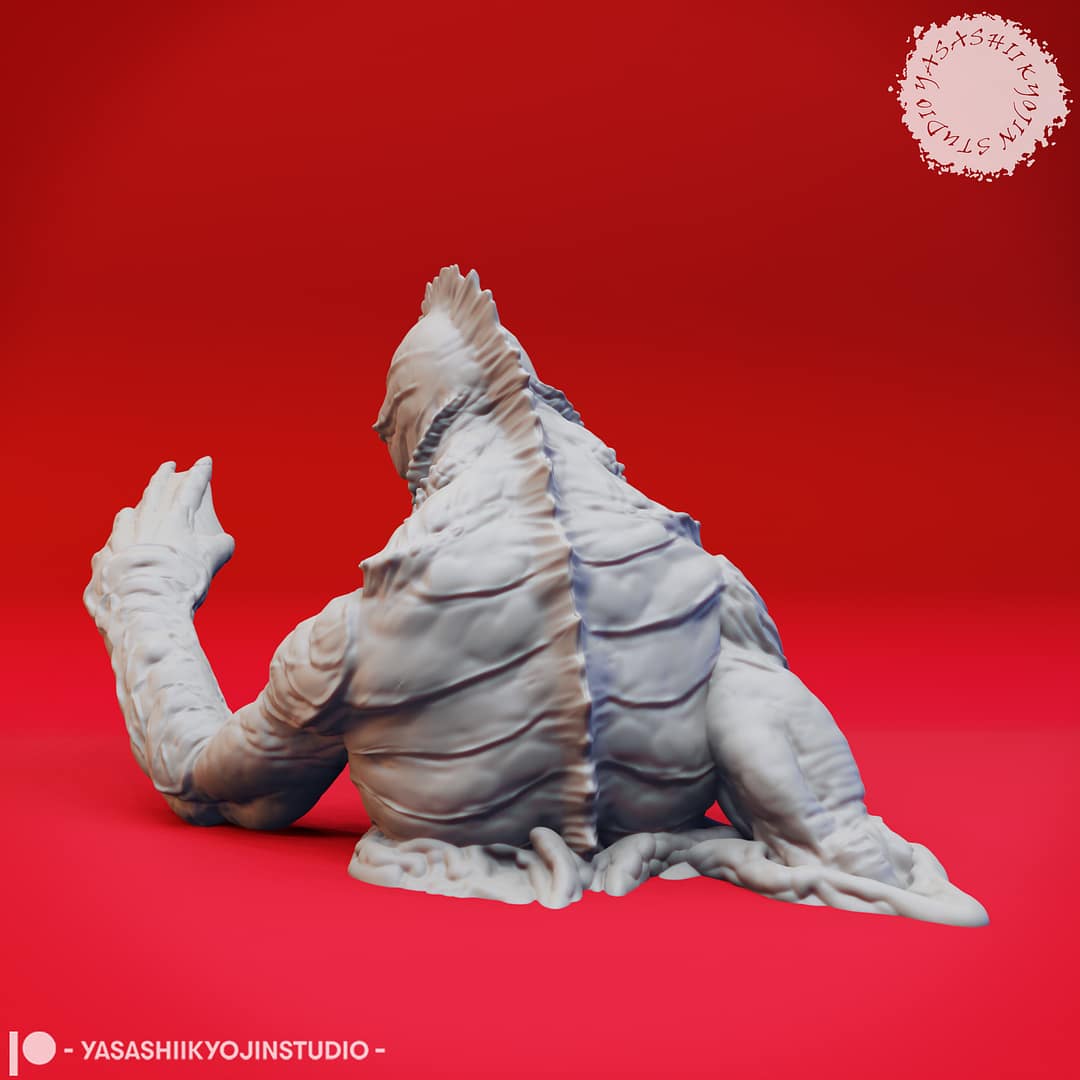 Resin Gill-man miniatures featuring a full-standing amphibious humanoid and a second emerging from the ground or water, sculpted by Yasashii Kyojin Studio and displayed against a red background