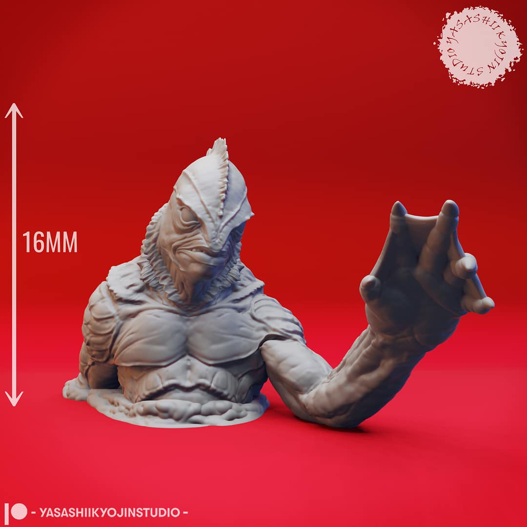 Resin Gill-man miniatures featuring a full-standing amphibious humanoid and a second emerging from the ground or water, sculpted by Yasashii Kyojin Studio and displayed against a red background