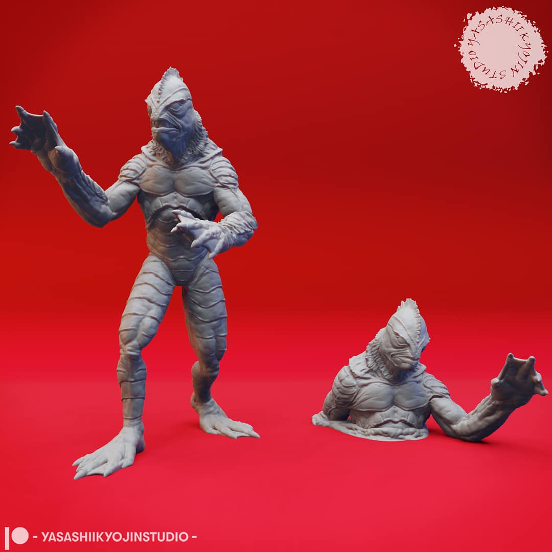 Resin Gill-man miniatures featuring a full-standing amphibious humanoid and a second emerging from the ground or water, sculpted by Yasashii Kyojin Studio and displayed against a red background