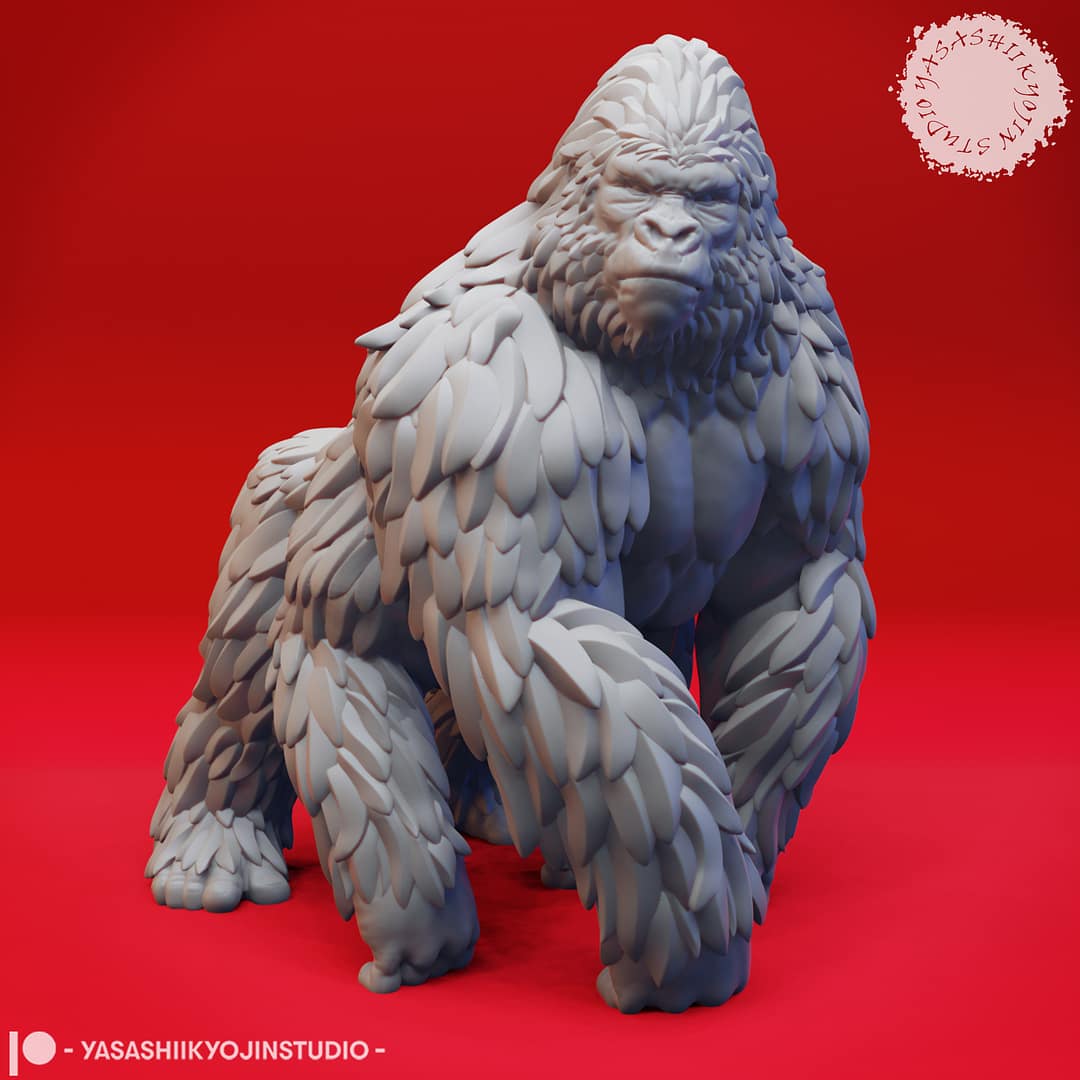 Two resin Girallon miniatures—one standing in an alert pose and one lunging forward in a charging pose—four-armed ape-like beasts sculpted by Yasashii Kyojin Studio and displayed against a red background