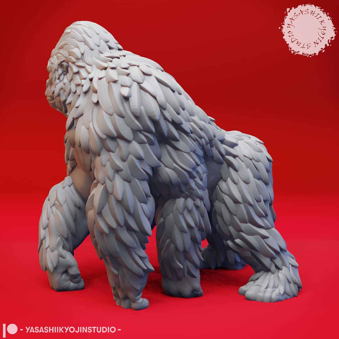 Two resin Girallon miniatures—one standing in an alert pose and one lunging forward in a charging pose—four-armed ape-like beasts sculpted by Yasashii Kyojin Studio and displayed against a red background