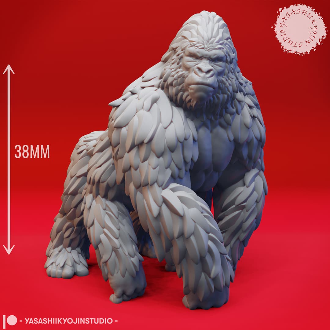 Two resin Girallon miniatures—one standing in an alert pose and one lunging forward in a charging pose—four-armed ape-like beasts sculpted by Yasashii Kyojin Studio and displayed against a red background