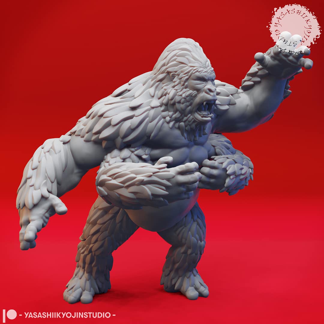 Two resin Girallon miniatures—one standing in an alert pose and one lunging forward in a charging pose—four-armed ape-like beasts sculpted by Yasashii Kyojin Studio and displayed against a red background
