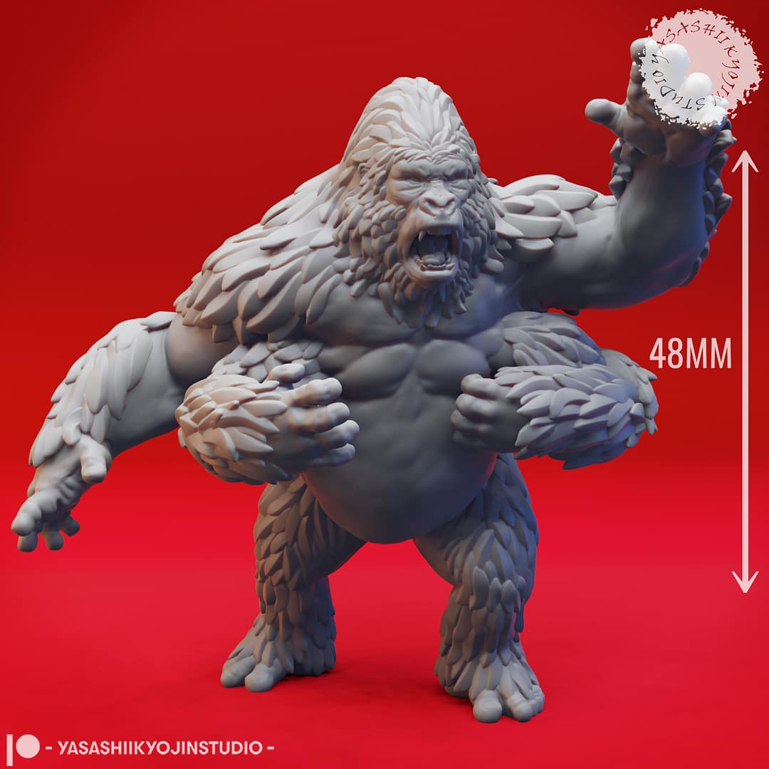 Two resin Girallon miniatures—one standing in an alert pose and one lunging forward in a charging pose—four-armed ape-like beasts sculpted by Yasashii Kyojin Studio and displayed against a red background