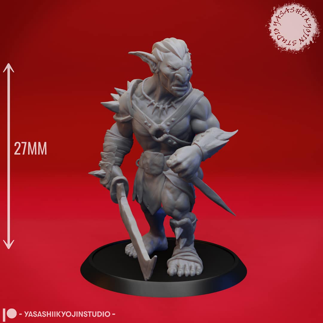Seven resin Goblin miniatures—Clawed, Crossbow, Spear, Sword, Warchief, and Goblin King—each posed with unique weapons and armor, sculpted by Yasashii Kyojin Studio and displayed against a red background