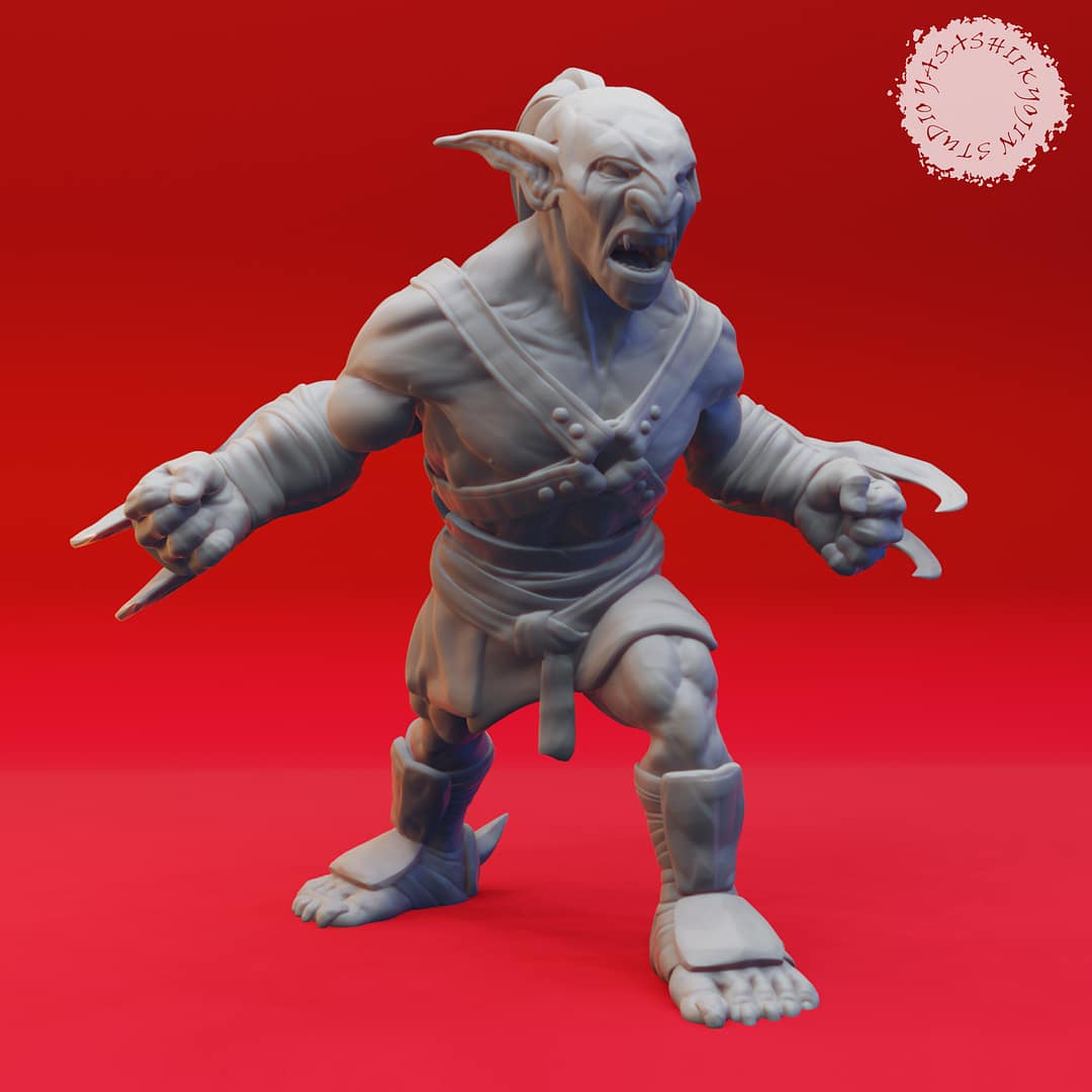 Seven resin Goblin miniatures—Clawed, Crossbow, Spear, Sword, Warchief, and Goblin King—each posed with unique weapons and armor, sculpted by Yasashii Kyojin Studio and displayed against a red background