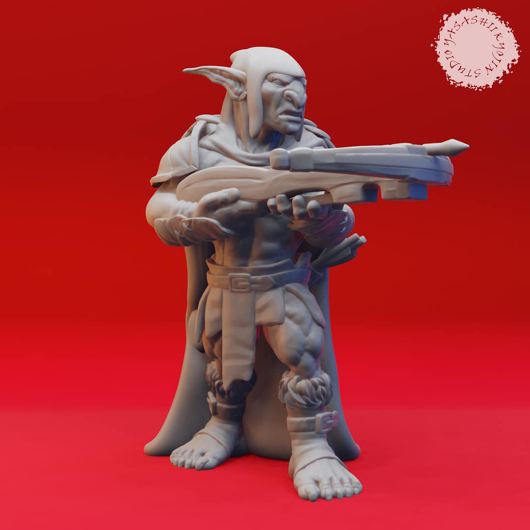Seven resin Goblin miniatures—Clawed, Crossbow, Spear, Sword, Warchief, and Goblin King—each posed with unique weapons and armor, sculpted by Yasashii Kyojin Studio and displayed against a red background