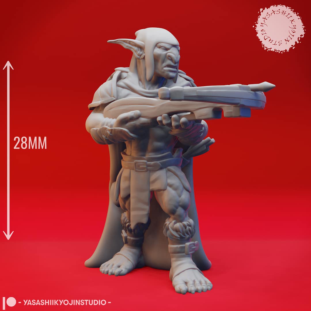 Seven resin Goblin miniatures—Clawed, Crossbow, Spear, Sword, Warchief, and Goblin King—each posed with unique weapons and armor, sculpted by Yasashii Kyojin Studio and displayed against a red background
