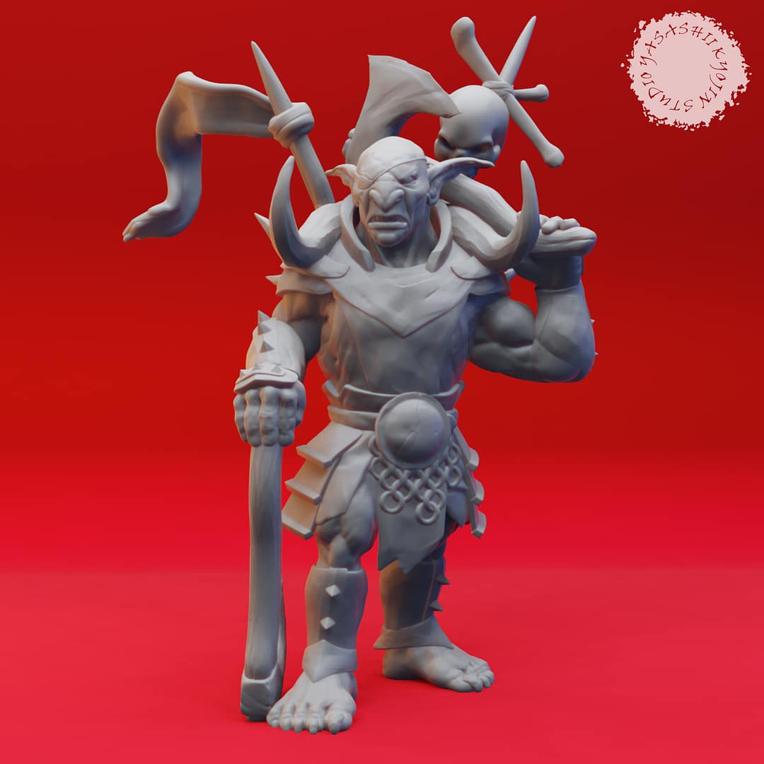 Seven resin Goblin miniatures—Clawed, Crossbow, Spear, Sword, Warchief, and Goblin King—each posed with unique weapons and armor, sculpted by Yasashii Kyojin Studio and displayed against a red background