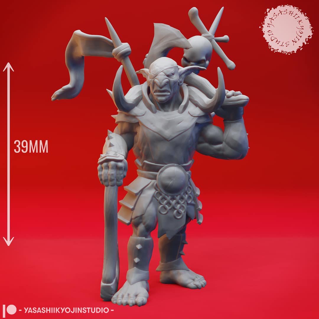 Seven resin Goblin miniatures—Clawed, Crossbow, Spear, Sword, Warchief, and Goblin King—each posed with unique weapons and armor, sculpted by Yasashii Kyojin Studio and displayed against a red background