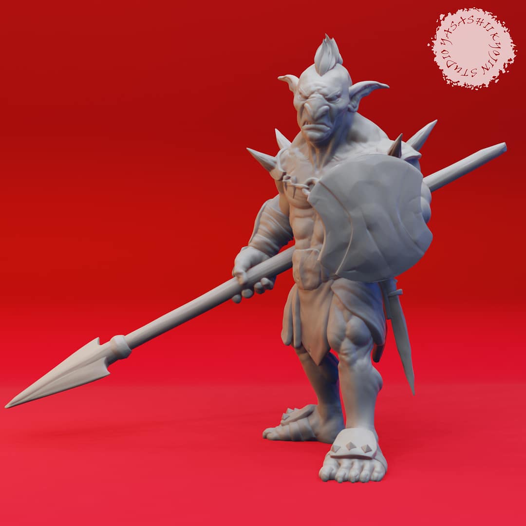 Seven resin Goblin miniatures—Clawed, Crossbow, Spear, Sword, Warchief, and Goblin King—each posed with unique weapons and armor, sculpted by Yasashii Kyojin Studio and displayed against a red background