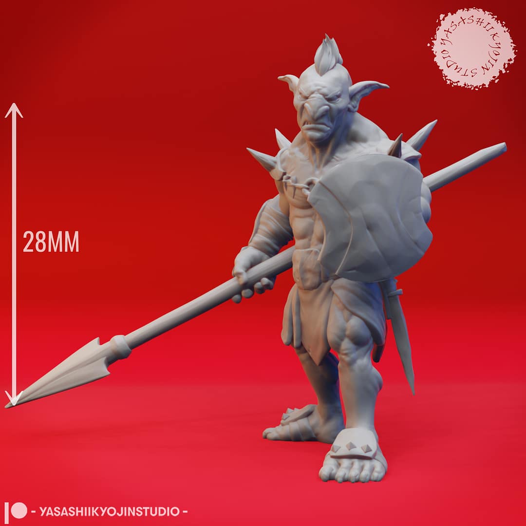 Seven resin Goblin miniatures—Clawed, Crossbow, Spear, Sword, Warchief, and Goblin King—each posed with unique weapons and armor, sculpted by Yasashii Kyojin Studio and displayed against a red background