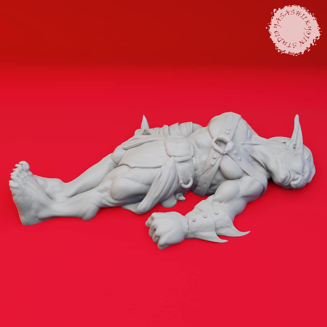 Seven resin Goblin miniatures—Clawed, Crossbow, Spear, Sword, Warchief, and Goblin King—each posed with unique weapons and armor, sculpted by Yasashii Kyojin Studio and displayed against a red background