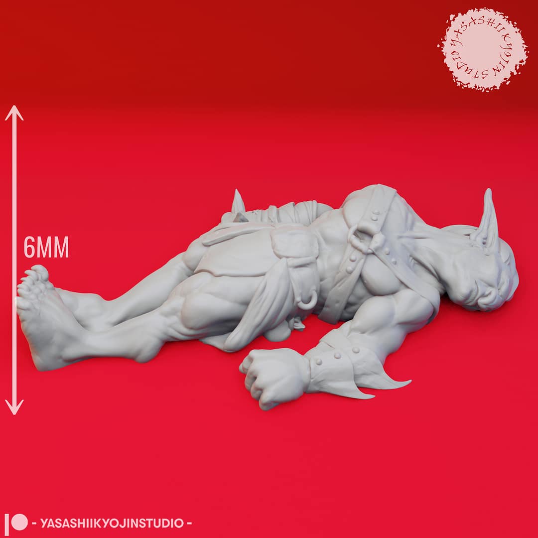 Seven resin Goblin miniatures—Clawed, Crossbow, Spear, Sword, Warchief, and Goblin King—each posed with unique weapons and armor, sculpted by Yasashii Kyojin Studio and displayed against a red background